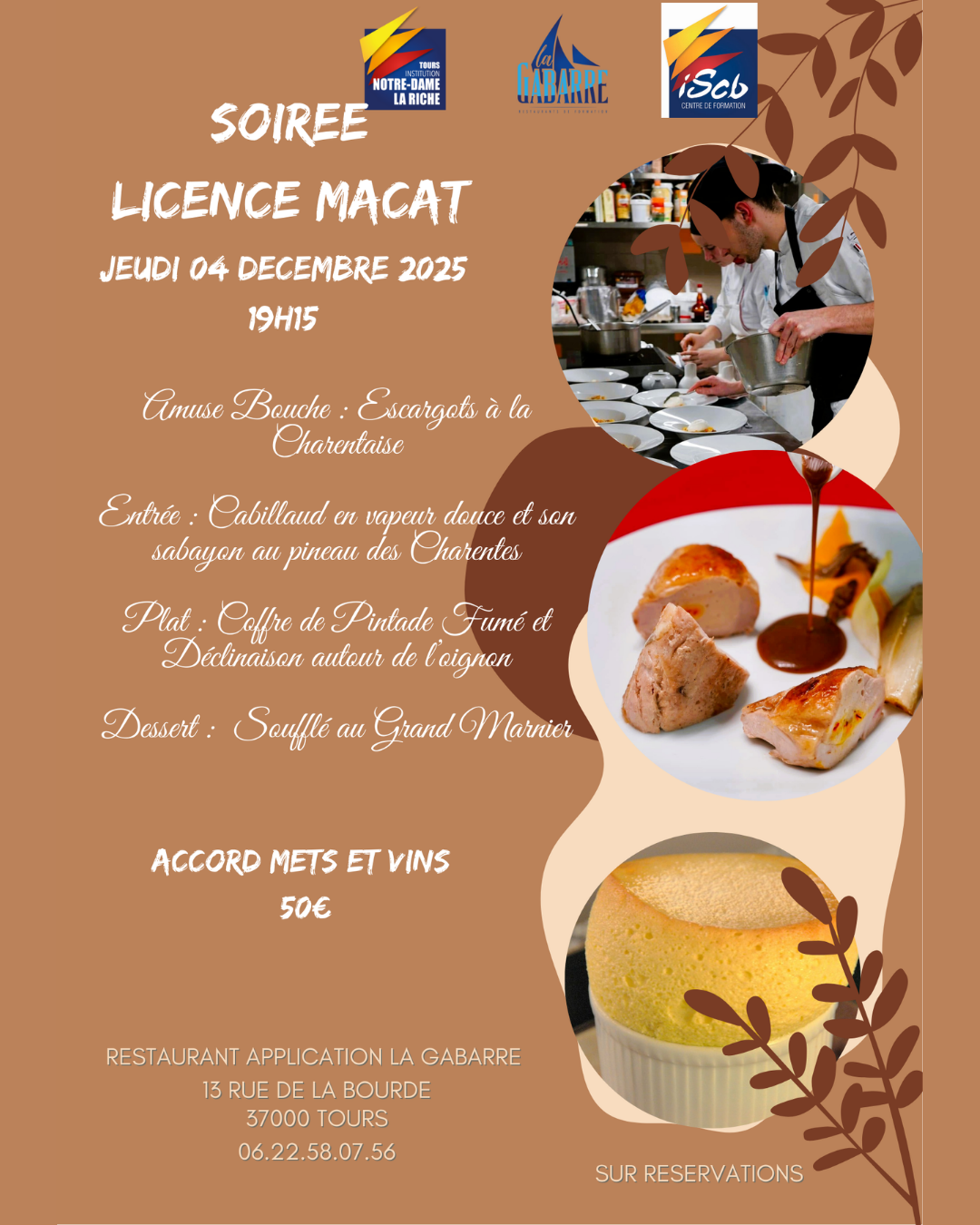 Menu de la soirée a thème du 4 décembre organisé par la licence MACT