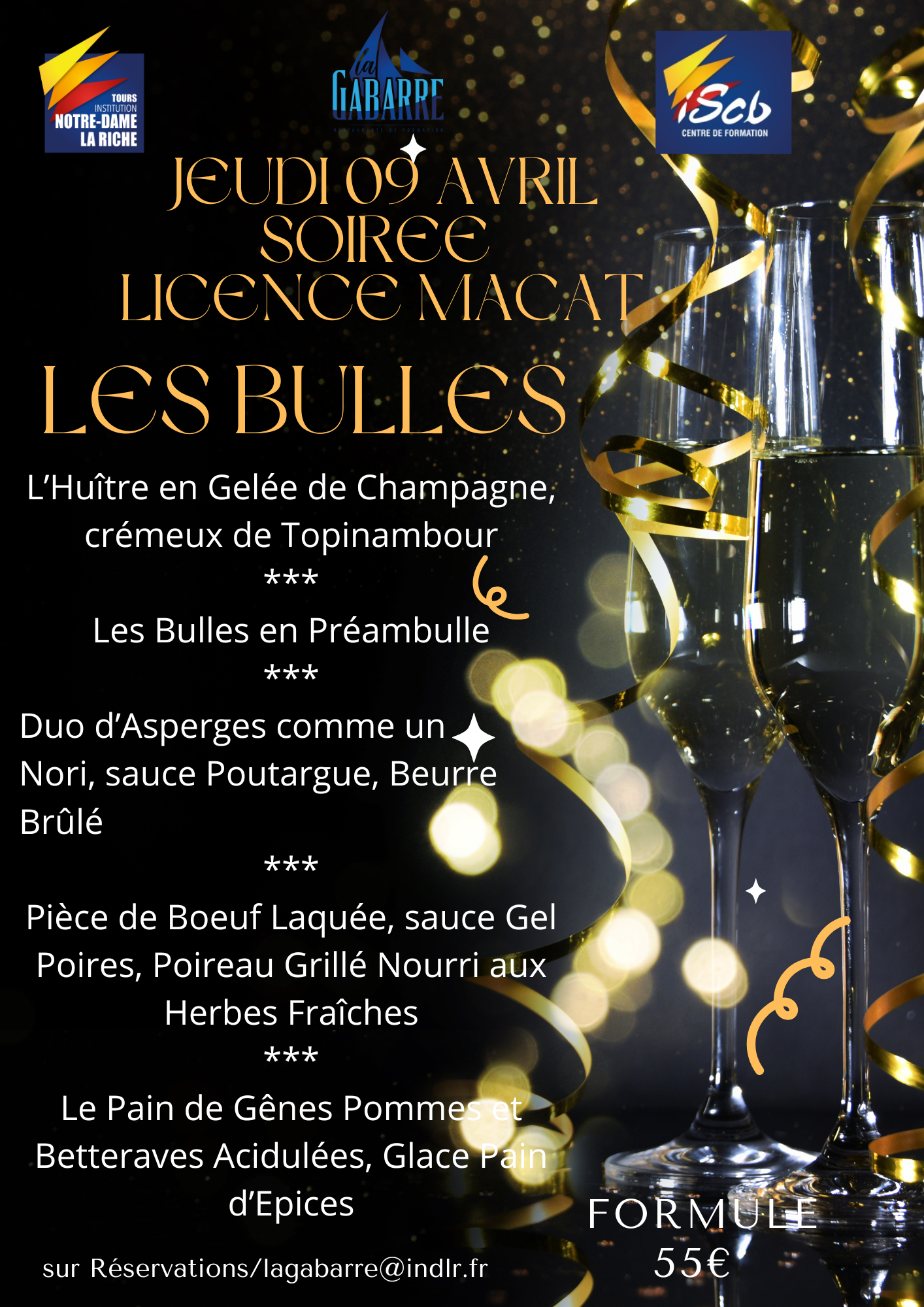 Menu de la soirée a thème du 09 avril organisé par les apprentis de la licence MACAT