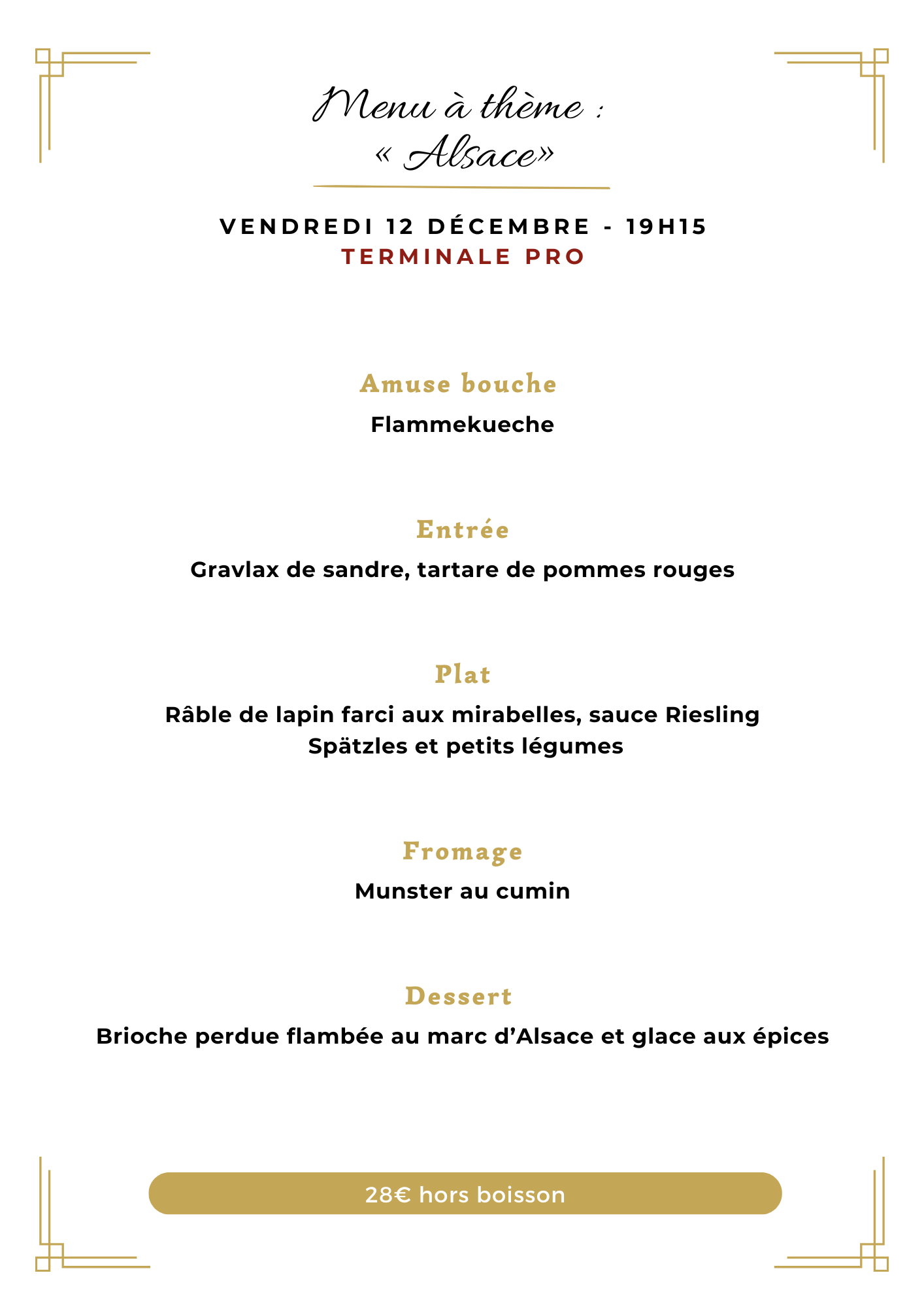 Menu de la soirée a thème 12 décembre