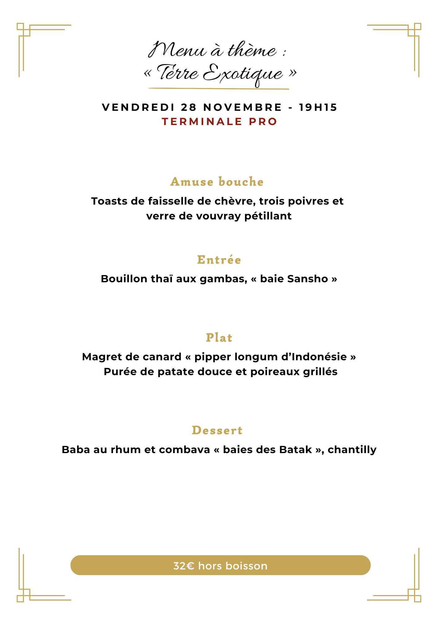 Menu de la soirée a thème 28 novembre