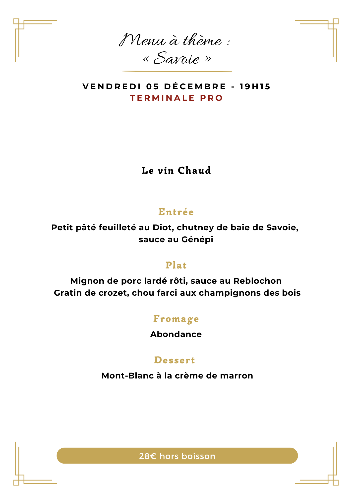 Menu de la soirée a thème 5 décembre