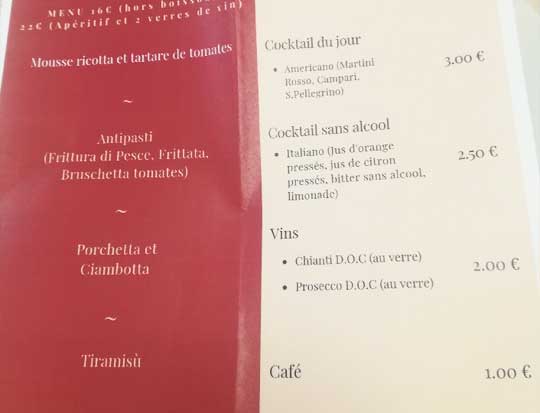 menu et carte des boisson pour le dejeuner sur le theme de l'italie au restaurant pedagogique la gabarre