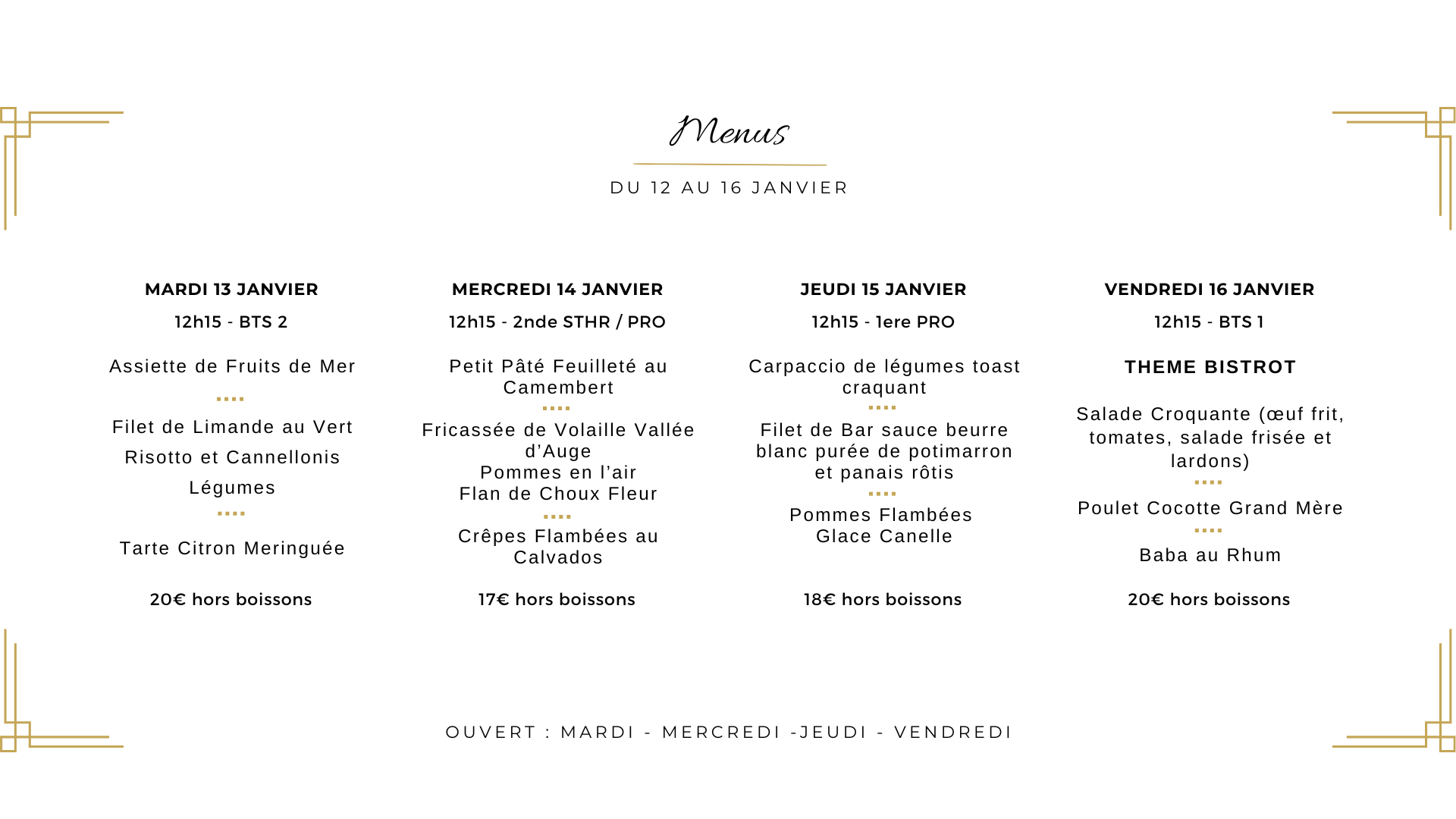 Menu du 12 au 16 janvier restaurant de formation La Gabarre à Tours