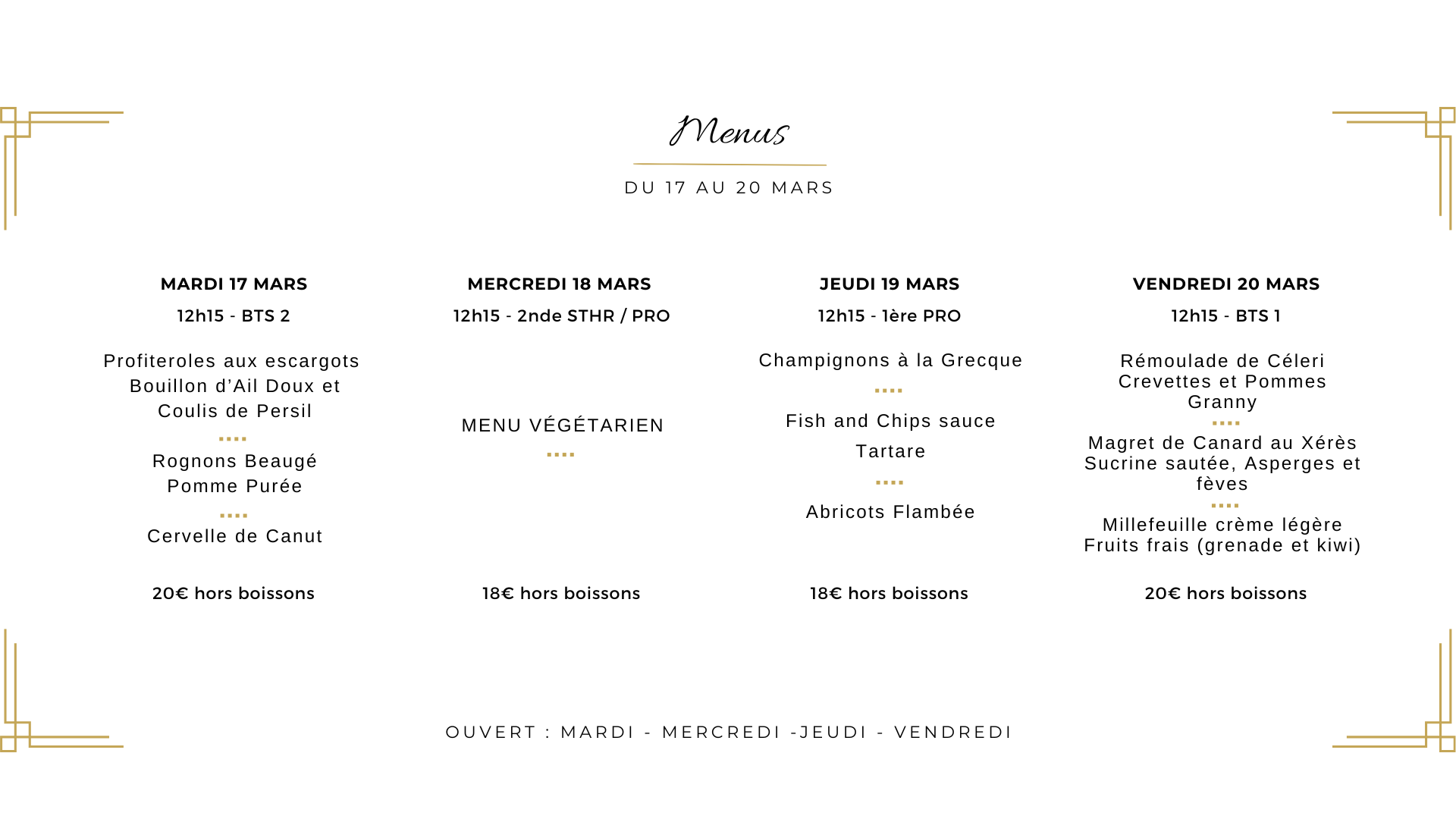 Menu du 17 au 20 mars au restaurant de formation La Gabarre à Tours