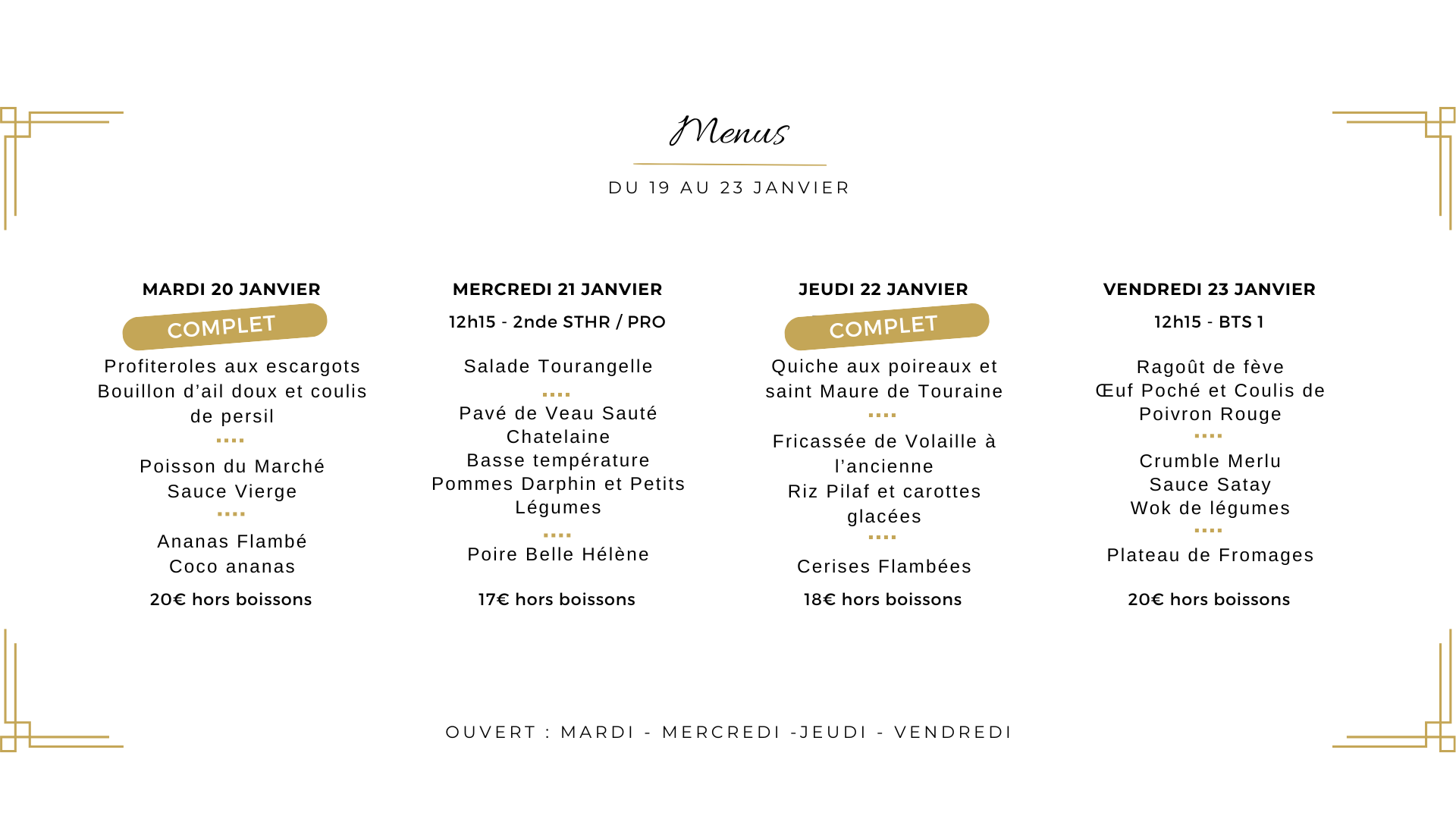 Menu du 19 au 23 janvier restaurant de formation La Gabarre à Tours