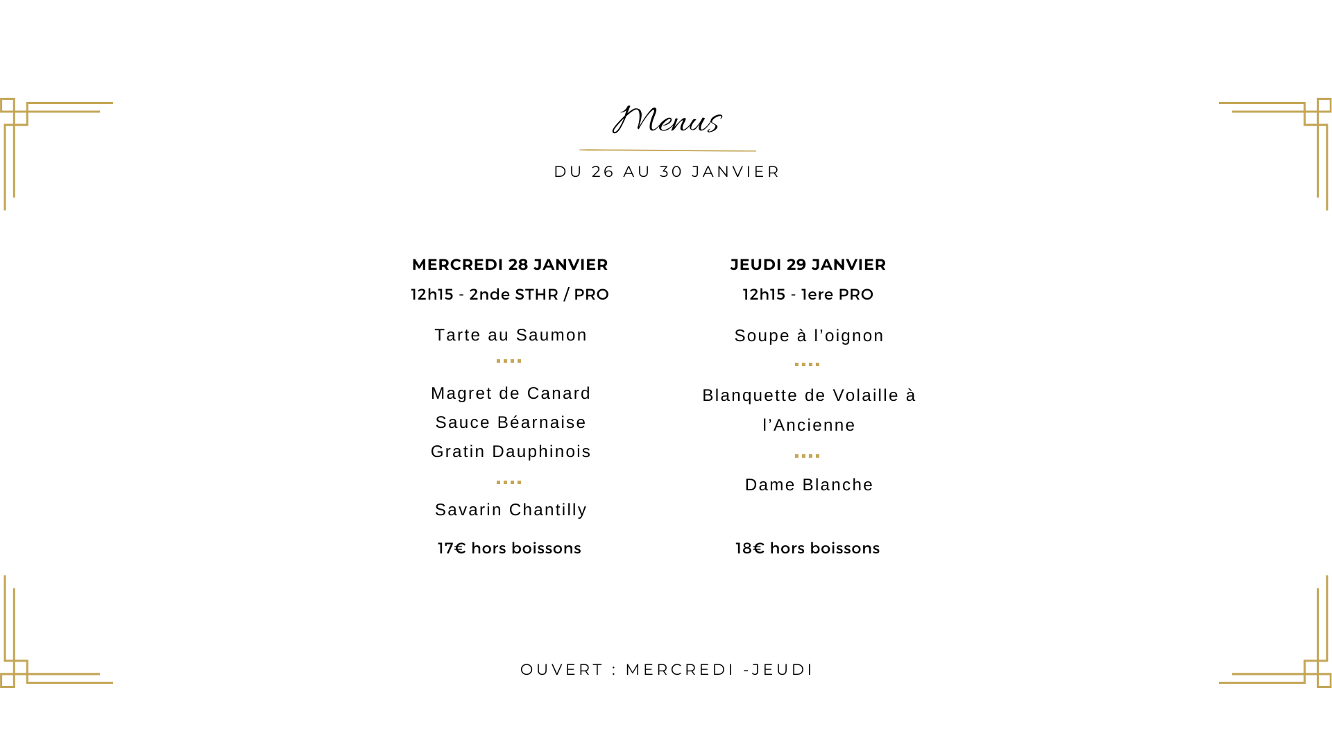 Menu du 26 au 30 janvier restaurant de formation La Gabarre à Tours