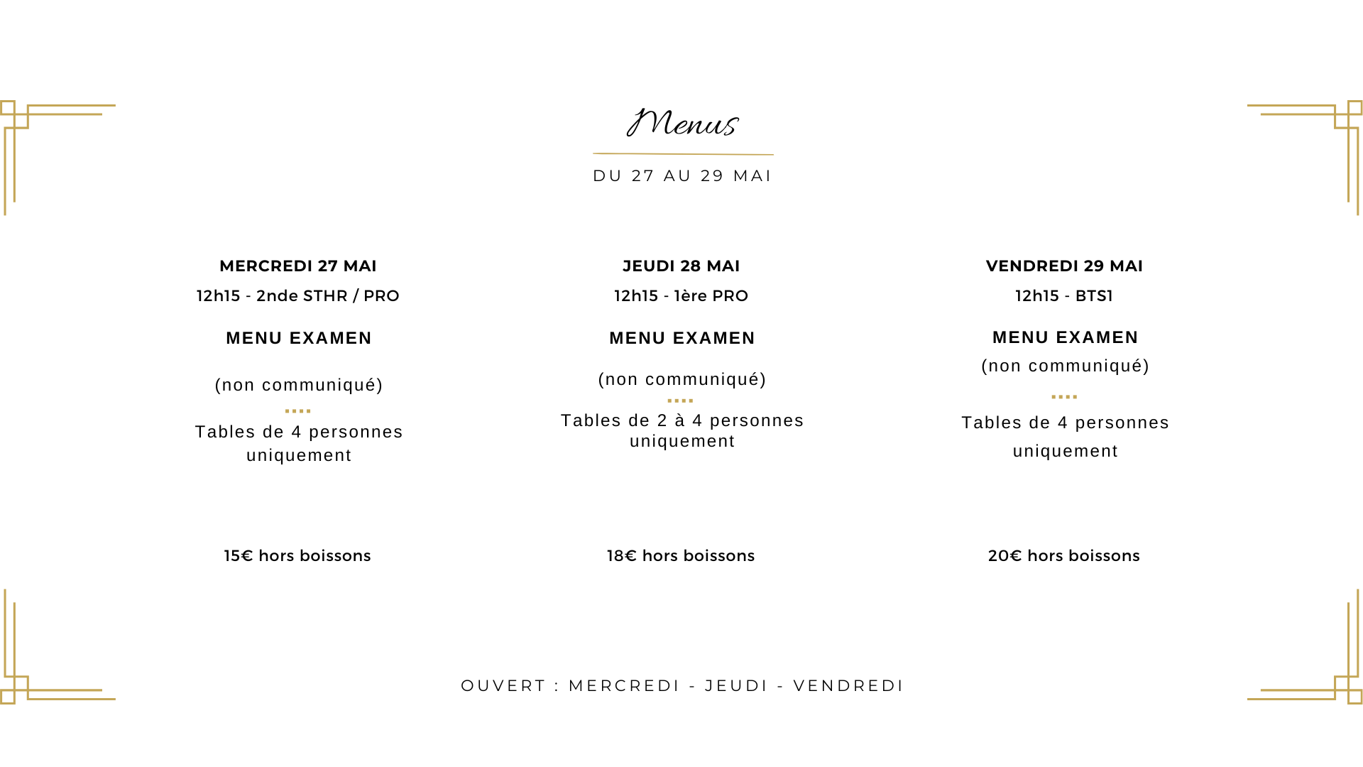 Menu du 27 au 29 mai au restaurant de formation La Gabarre à Tours