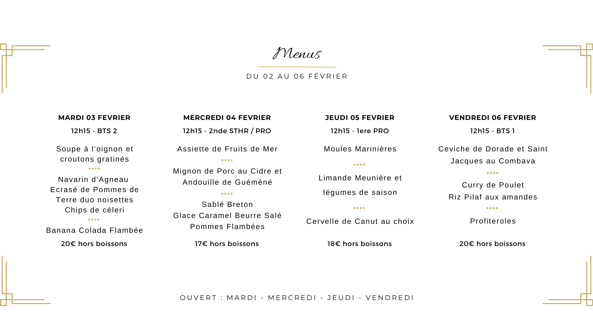 Menu du 2 au 6 février restaurant de formation La Gabarre à Tours