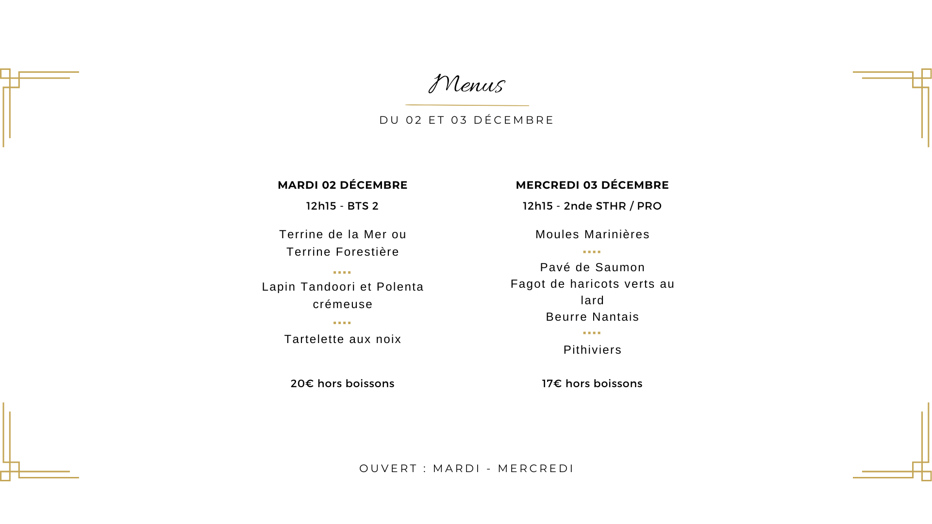 Menu du 2 et 3 décembre au restaurant de formation La Gabarre à Tours