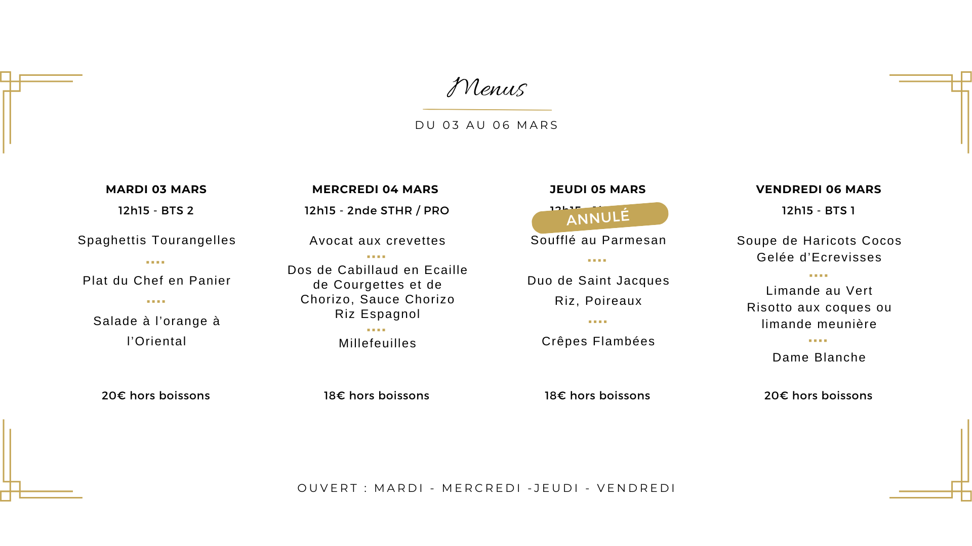 Menu du 3 au 6 mars au restaurant de formation La Gabarre à Tours