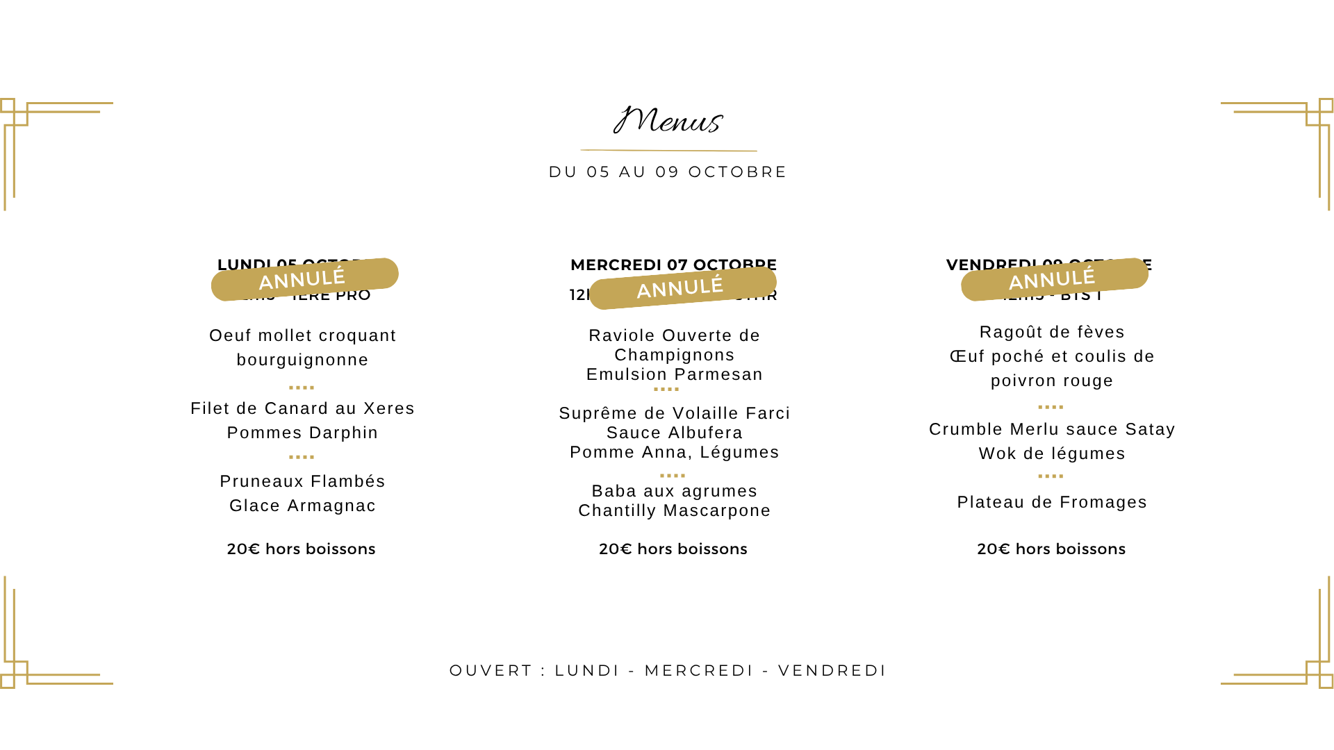 Menu du 5 au 9 octobre au restaurant de formation La Gabarre à Tours