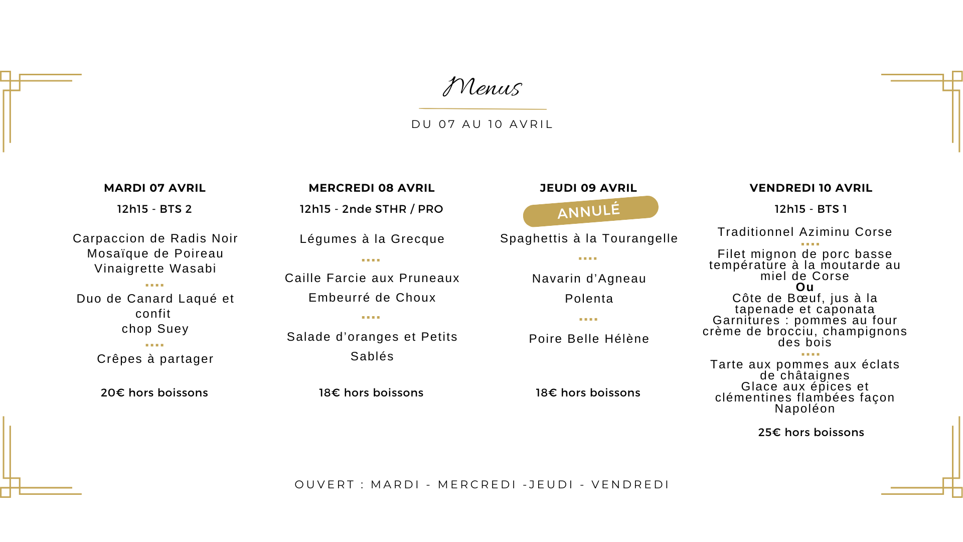 Menu du 7 au 10 avril au restaurant de formation La Gabarre à Tours