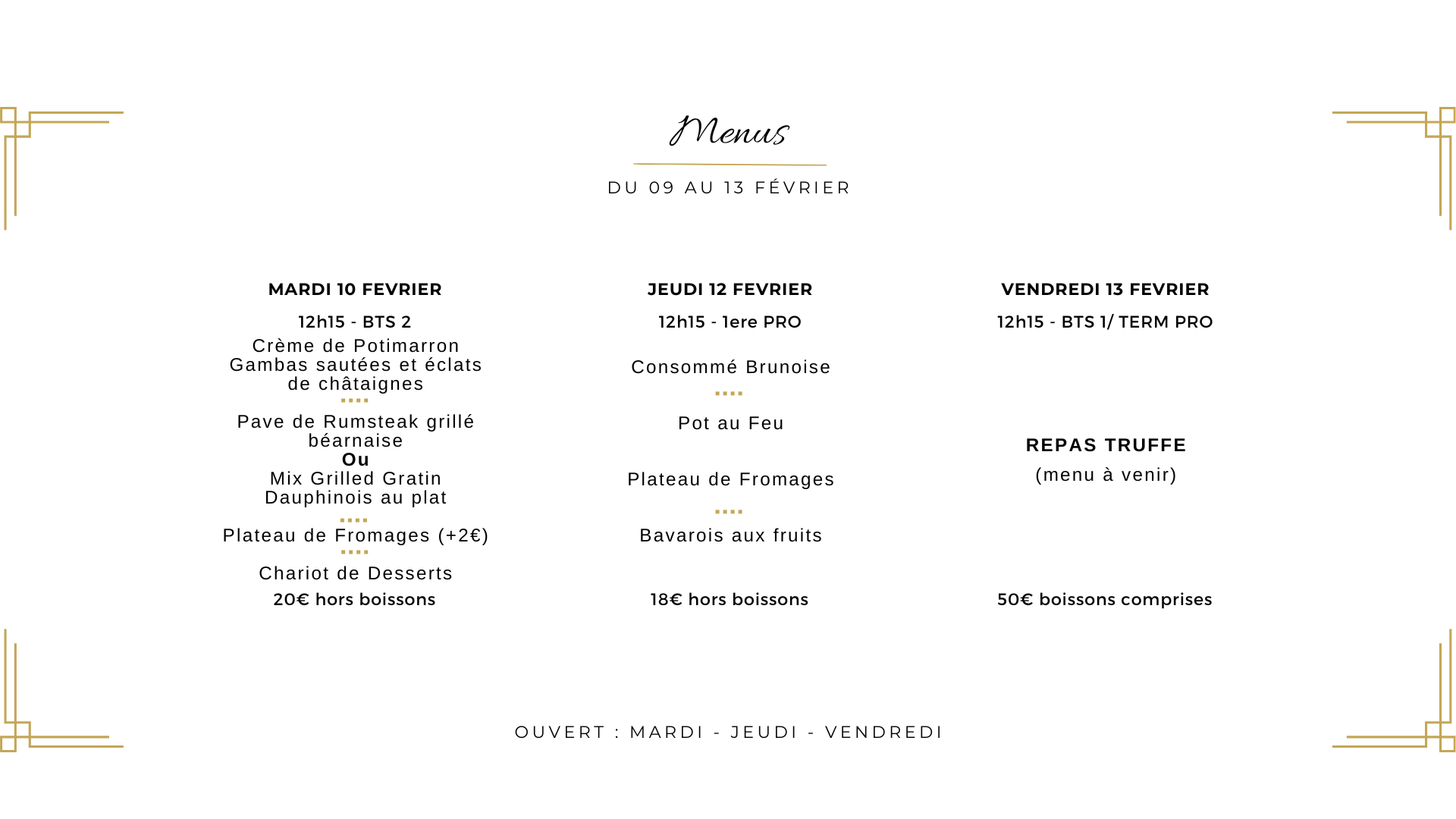 Menu du 9 au 13 février restaurant de formation La Gabarre à Tours