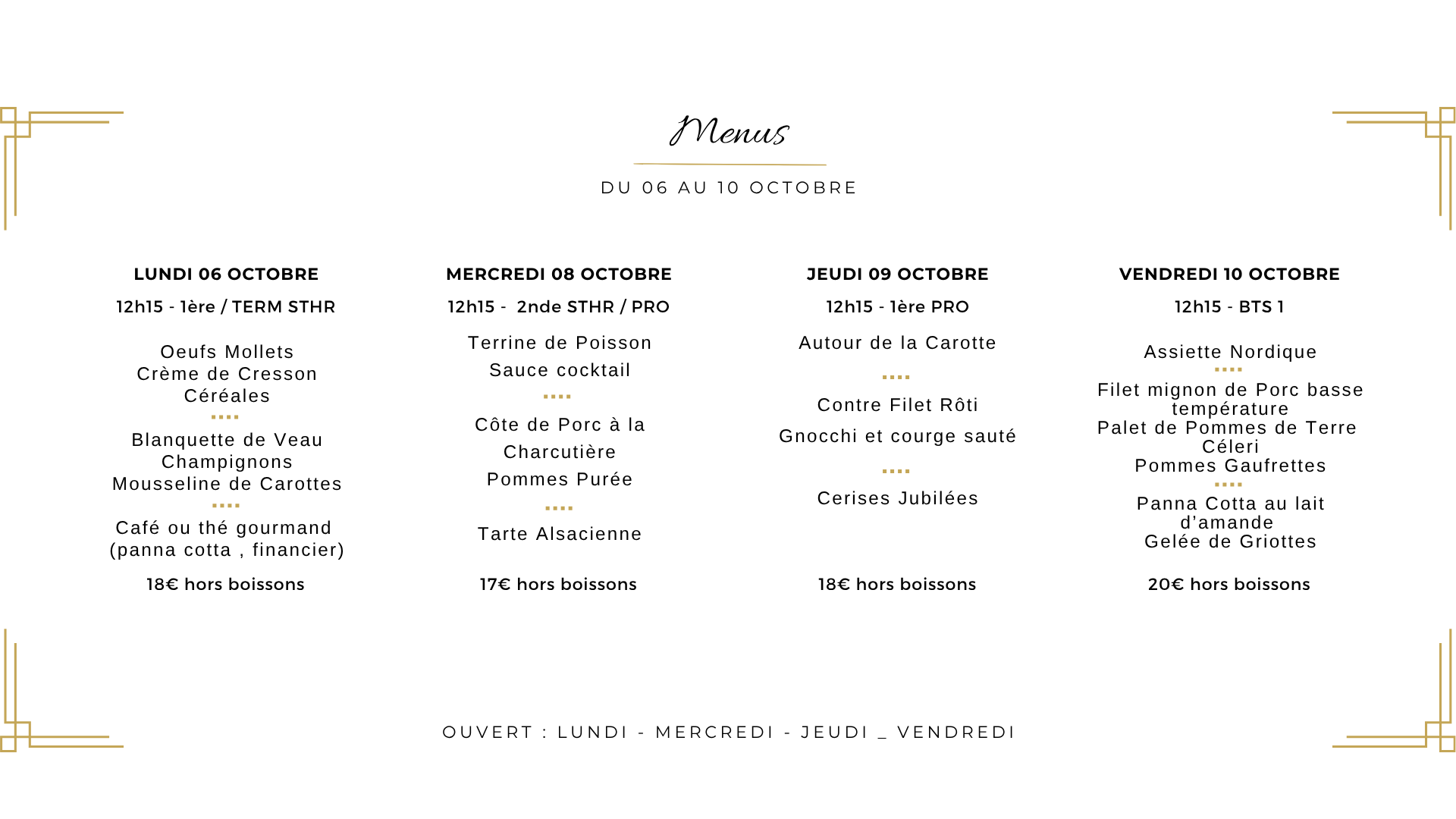 Menu du 6 au 10 octobre au restaurant de formation La Gabarre à Tours