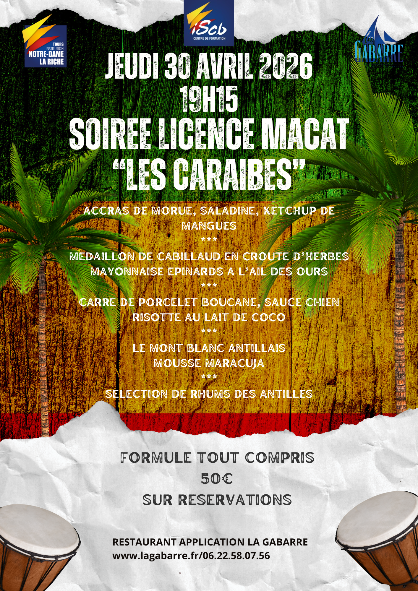 Menu de la soirée a thème Craibes du 30 avril organisé par les apprentis de la licence MACAT
