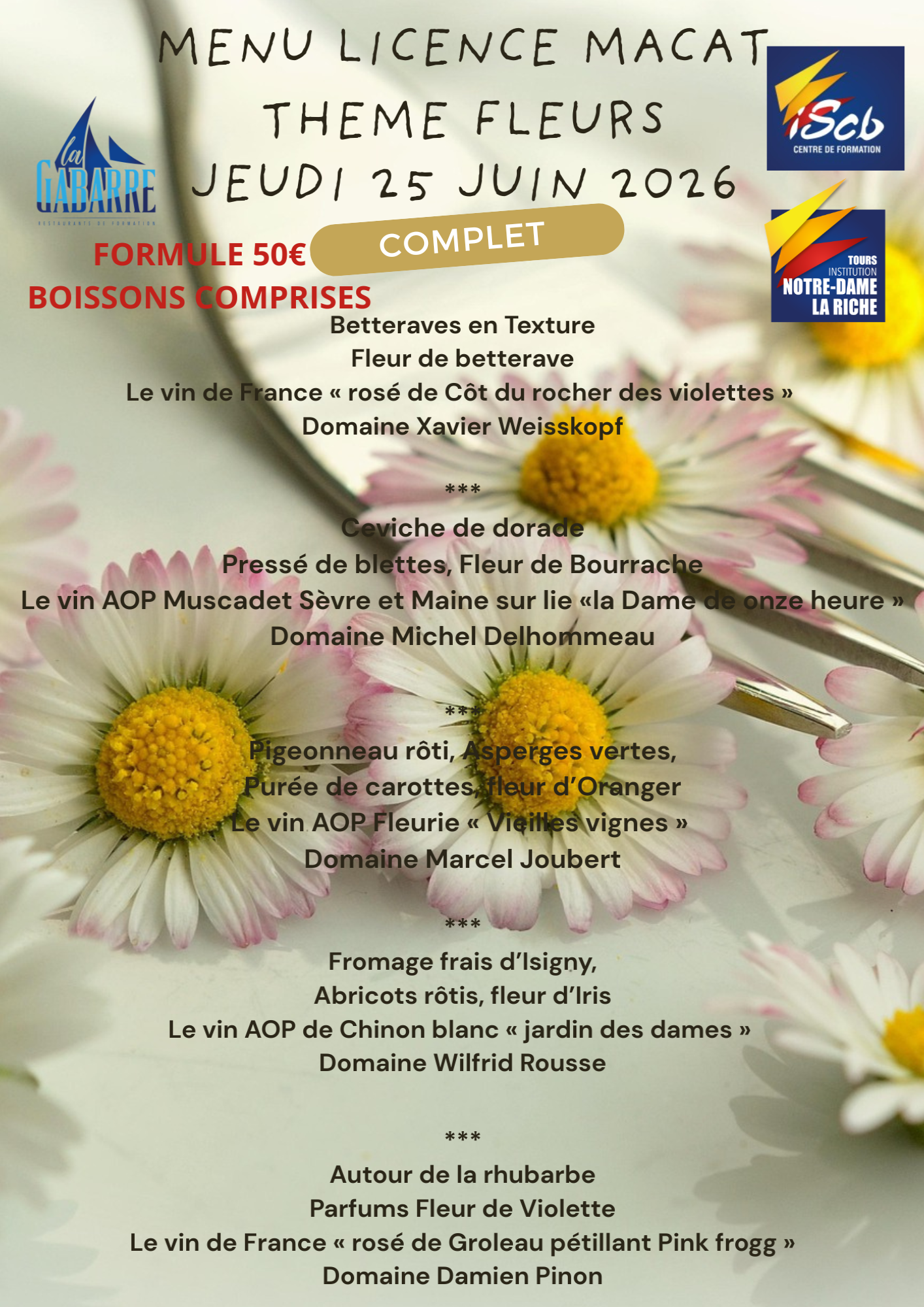 Menu de la soirée a thème Craibes du 25 Juin organisé par les apprentis de la licence MACAT sur le thème des fleurs